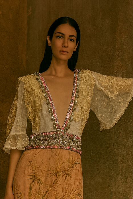 Aurora, reworked 18th C embroidered and lace dress