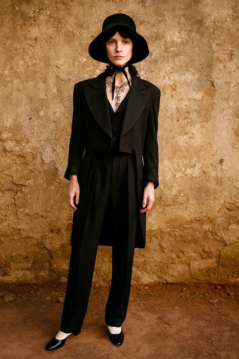 Wade, 70s black wool pleated trousers and tail jacket