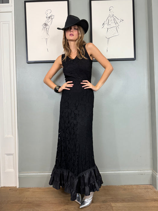 Claude, 30s black lace bias cut dress