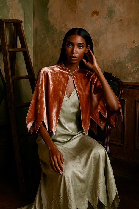 Betty, 20s light peach velour scalloped cape