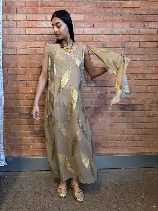 Molly, 20s silk chiffon dress with gold leaf print