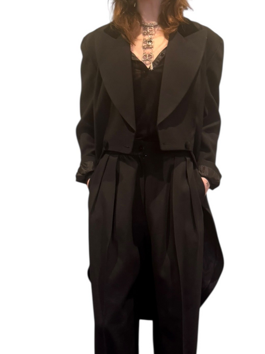 Wade, 70s black wool pleated trousers and tail jacket