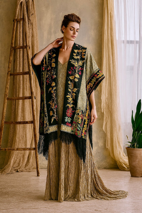 Bonnie, reworked gold brocade cape with Edwardian and beaded trims