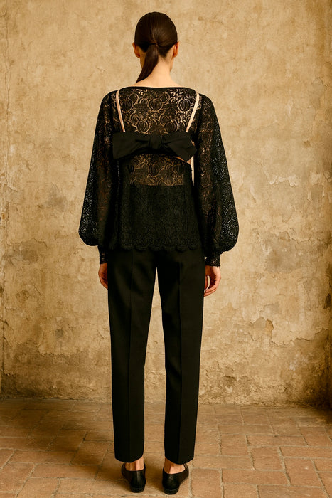 Tara, reworked 1930s black silk lace scalloped balloon sleeve blouse with 40s pink silk bra
