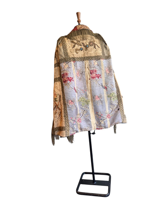 Adonis, reworked rare 20th C silk, lace and metallic fringe cape