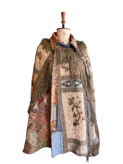 Adonis, reworked rare 20th C silk, lace and metallic fringe cape