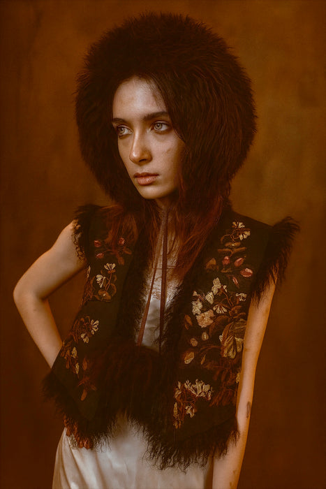 Aerin, reworked 70s sheepskin waistcoat with 19thC embroidery