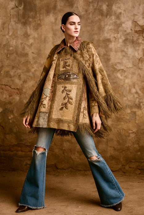 Adonis, reworked rare 20th C silk, lace and metallic fringe cape