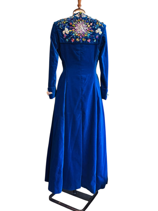Stevie, 70s couture blue velvet double breasted jewelled coat