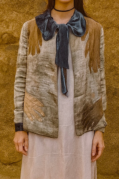 Serena, reworked 20s silver lamé and blue velvet jacket with 20s leather gloves