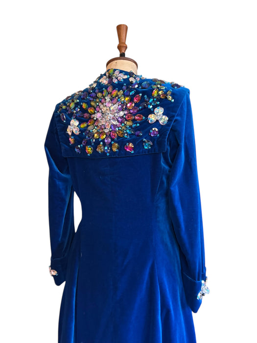 Stevie, 70s couture blue velvet double breasted jewelled coat