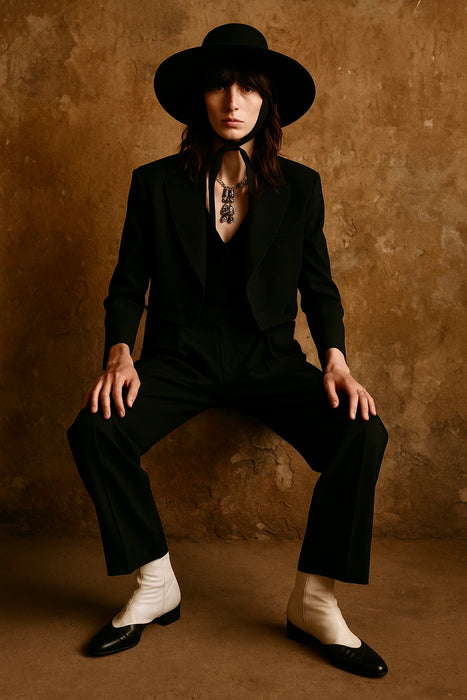 Wade, 70s black wool pleated trousers and tail jacket