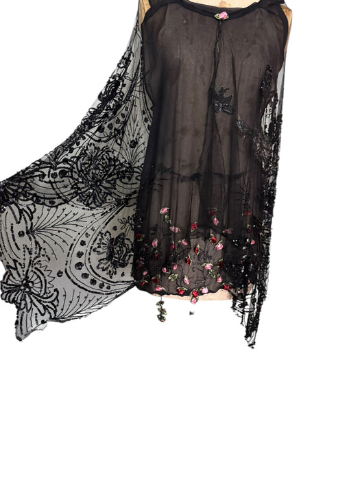 Astral, reworked beaded net capped dress with handmade floral