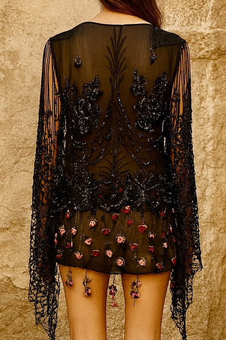 Astral, reworked beaded net capped dress with handmade floral