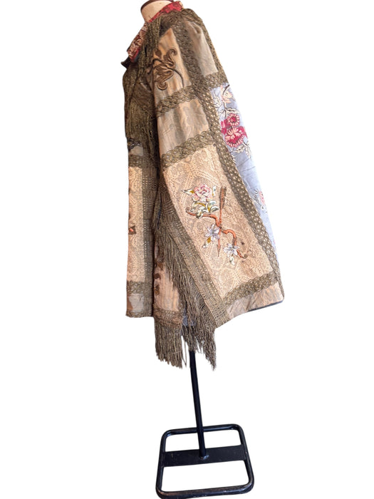 Adonis, reworked rare 20th C silk, lace and metallic fringe cape