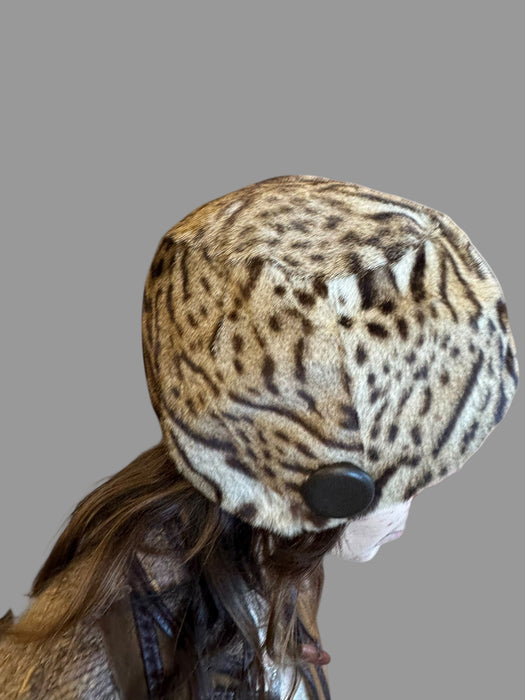 Erin, 30s leopard print hat with large leather button