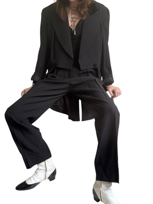 Wade, 70s black wool pleated trousers and tail jacket