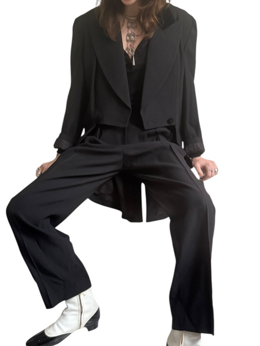 Wade, 70s black wool pleated trousers and tail jacket