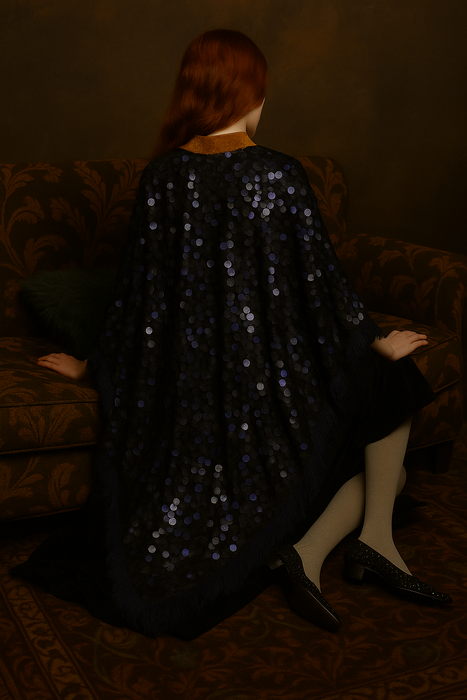 Patricia, original 1920s blue and black large sequin cape with feather trim