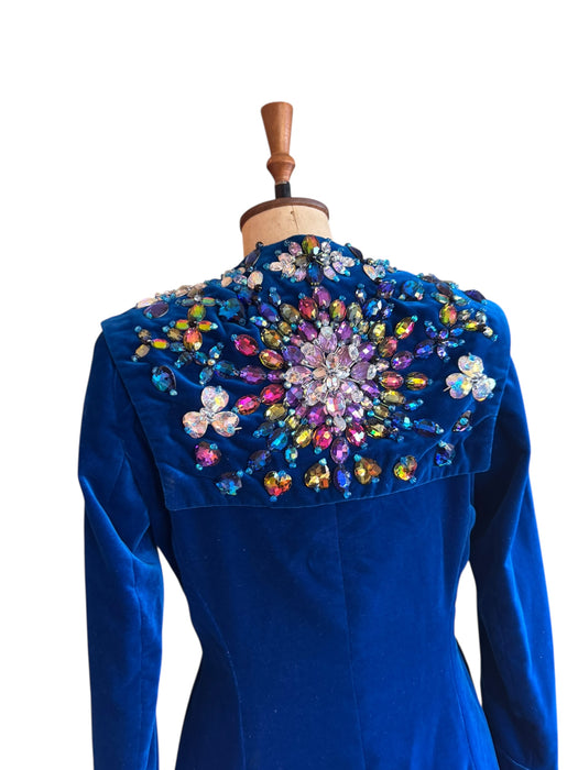 Stevie, 70s couture blue velvet double breasted jewelled coat