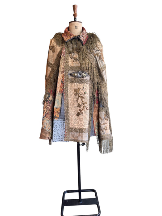 Adonis, reworked rare 20th C silk, lace and metallic fringe cape