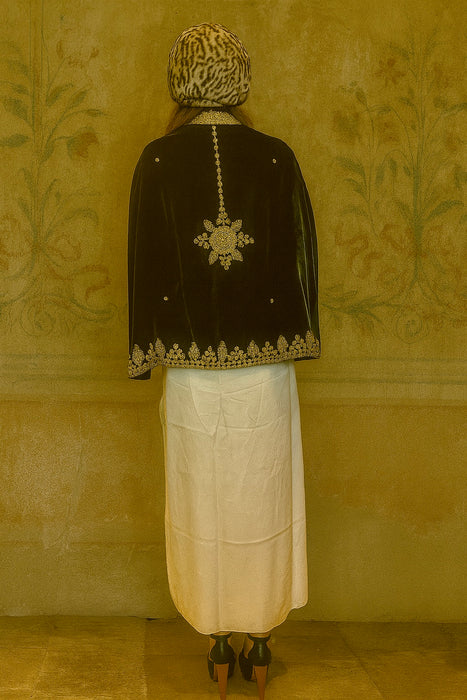Orion, 30s black velvet and gold thread cape and matching bag