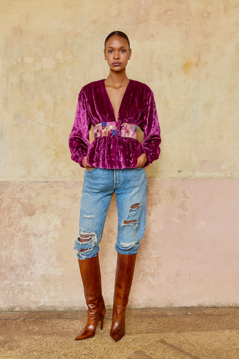 Maureen, reworked 40s Magenta velvet embroidered jacket