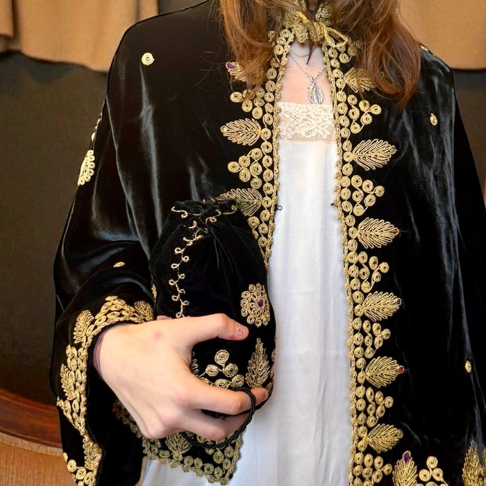 Orion, 30s black velvet and gold thread cape and matching bag