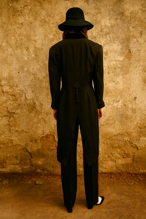 Wade, 70s black wool pleated trousers and tail jacket