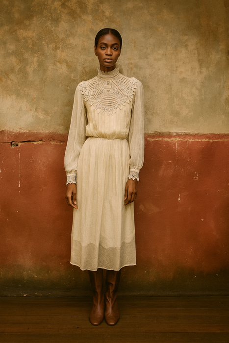 Medina, 70s silk chiffon pleated beaded lace blouse
