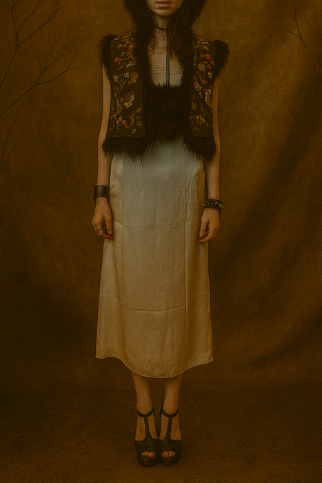 Aerin, reworked 70s sheepskin waistcoat with 19thC embroidery