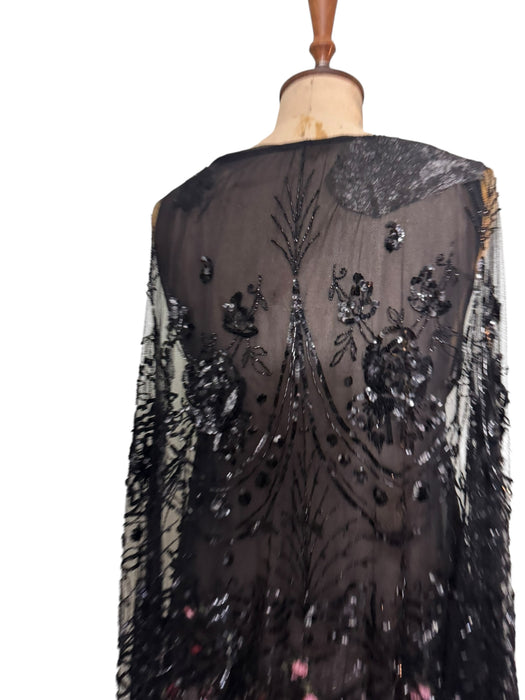 Astral, reworked beaded net capped dress with handmade floral