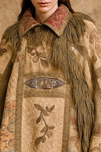 Adonis, reworked rare 20th C silk, lace and metallic fringe cape