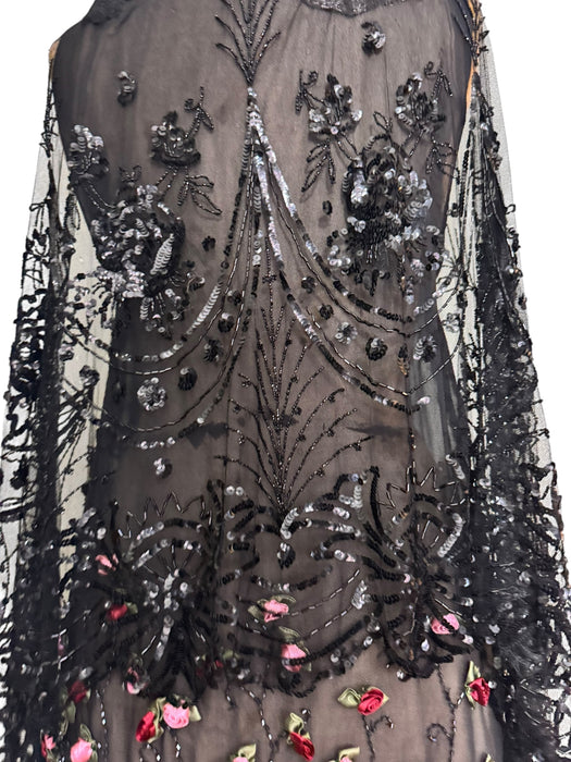 Astral, reworked beaded net capped dress with handmade floral