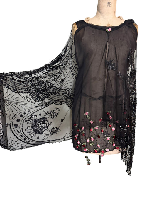 Astral, reworked beaded net capped dress with handmade floral
