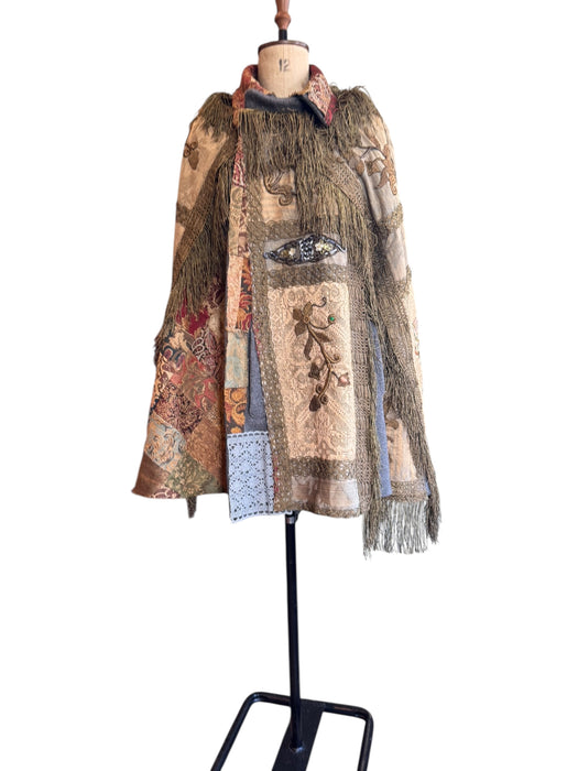 Adonis, reworked rare 20th C silk, lace and metallic fringe cape