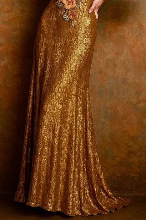 Astrid, 20s bronze/gold bias cut lamé dress with 18thC chenille floral accents