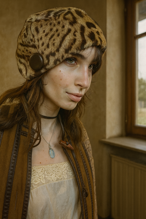 Erin, 30s leopard print hat with large leather button