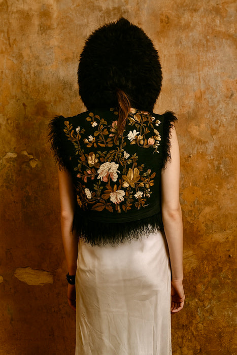 Aerin, reworked 70s sheepskin waistcoat with 19thC embroidery