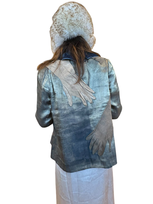 Serena, reworked 20s silver lamé and blue velvet jacket with 20s leather gloves
