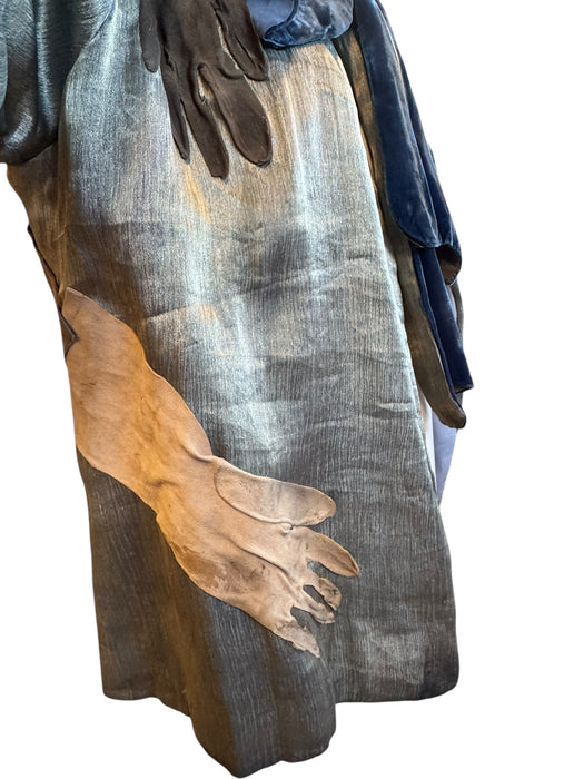 Serena, reworked 20s silver lamé and blue velvet jacket with 20s leather gloves