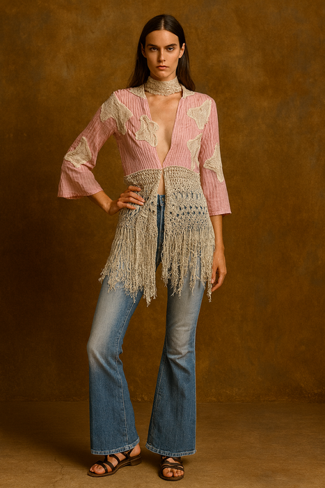 Monique, Victorian reworked pink and lace fringed jacket
