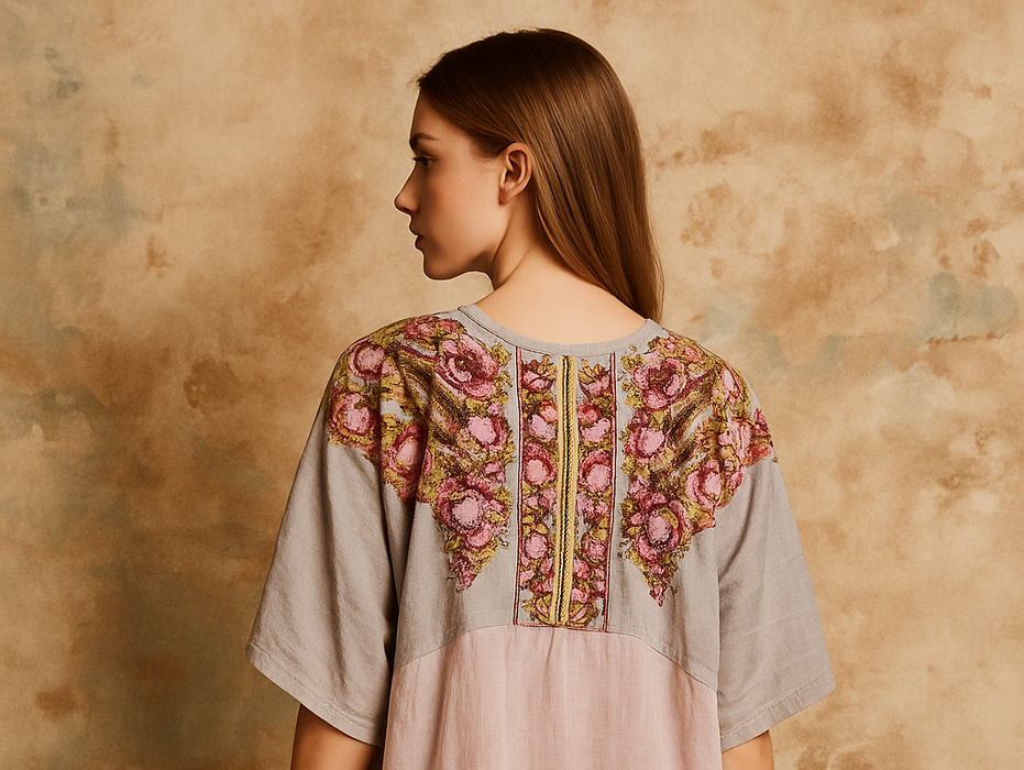 Dolly, reworked embroidered 40s Eastern European tunic in Cotton