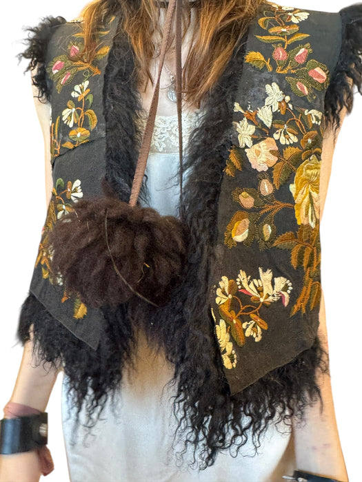 Aerin, reworked 70s sheepskin waistcoat with 19thC embroidery