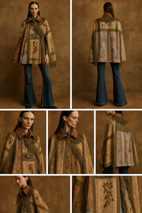 Adonis, reworked rare 20th C silk, lace and metallic fringe cape