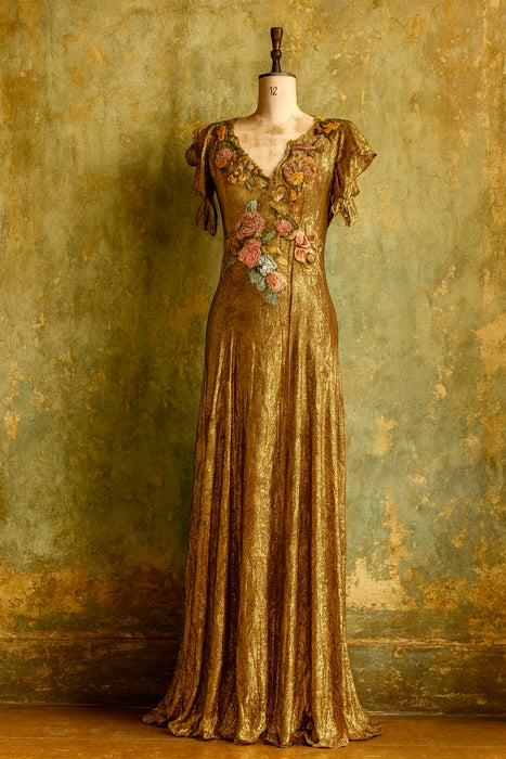 Astrid, 20s bronze/gold bias cut lamé dress with 18thC chenille floral accents