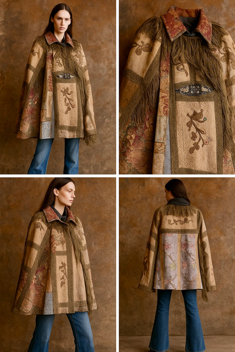 Adonis, reworked rare 20th C silk, lace and metallic fringe cape