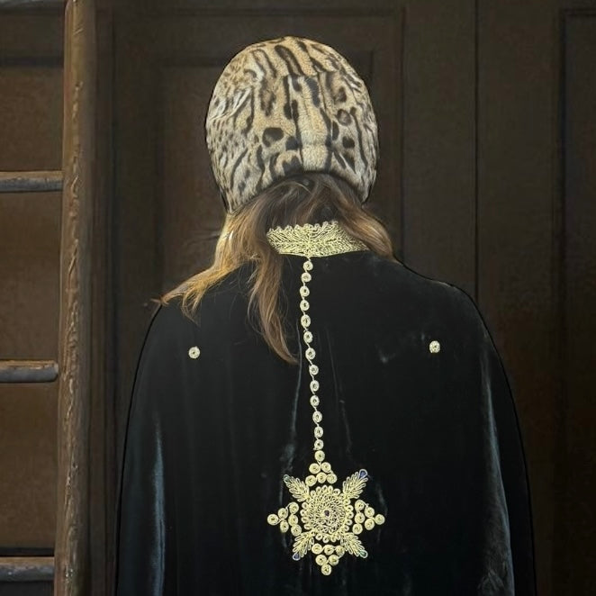 Orion, 30s black velvet and gold thread cape and matching bag