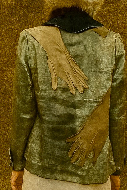 Serena, reworked 20s silver lamé and blue velvet jacket with 20s leather gloves