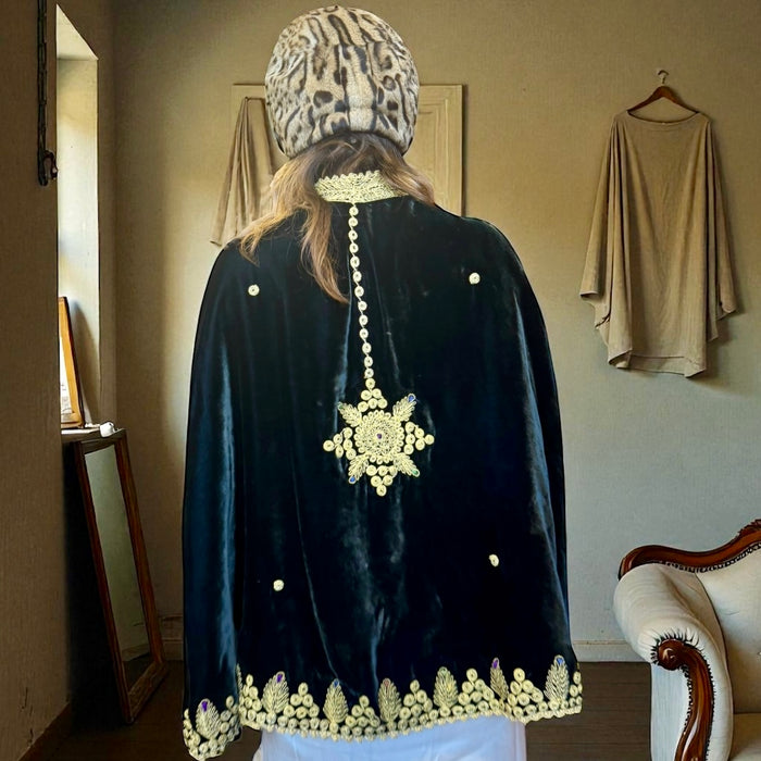 Orion, 30s black velvet and gold thread cape and matching bag